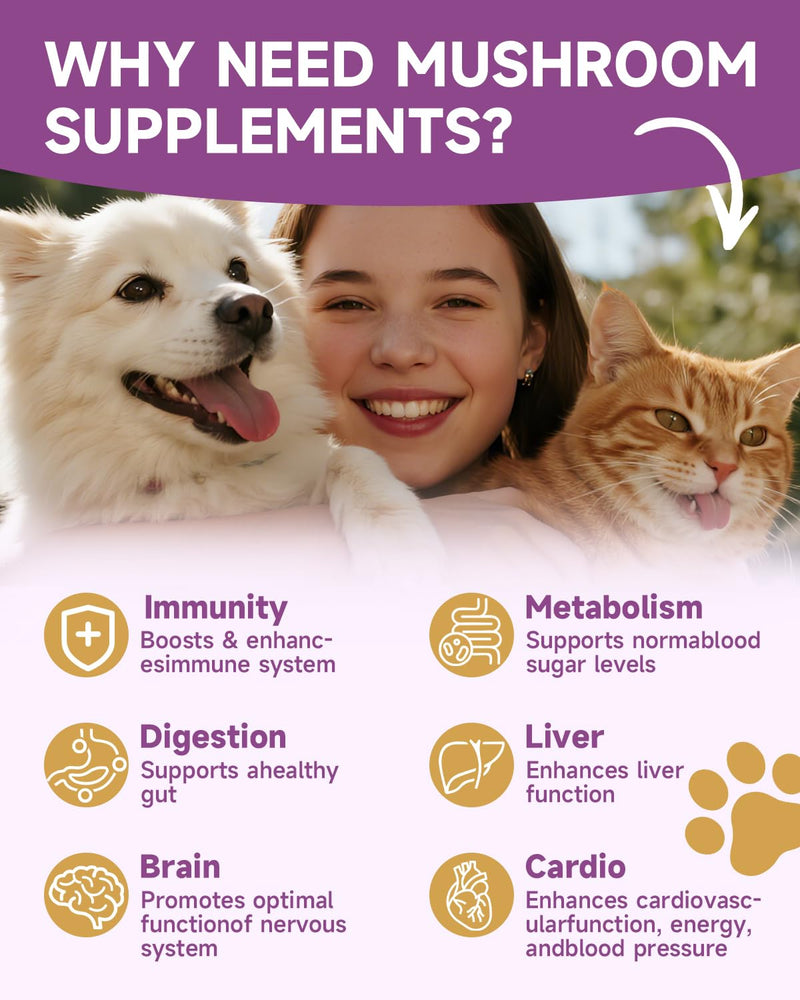 Mushroom for Dogs & Cats - Turkey Tail for Dogs - 10 Organic Mushroom Supplement with Turkey Tail, Reishi, Lions Mane - Lumps & Bumps, Immunity, Gut, Skin, Joint Health - Chicken Flavor