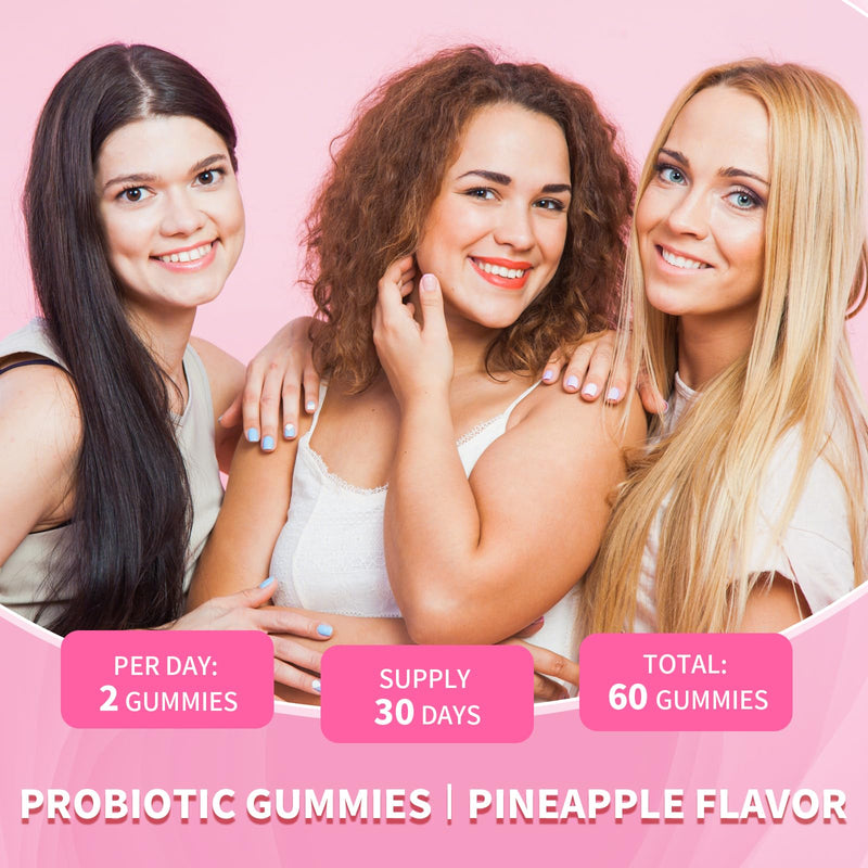 Women's Probiotics Slippery Elm Gummies, Sugar-Free Feminine Probiotics Gummies Support pH Balance, Gut Health & Immune System, Pineapple Flavor, 60 Count