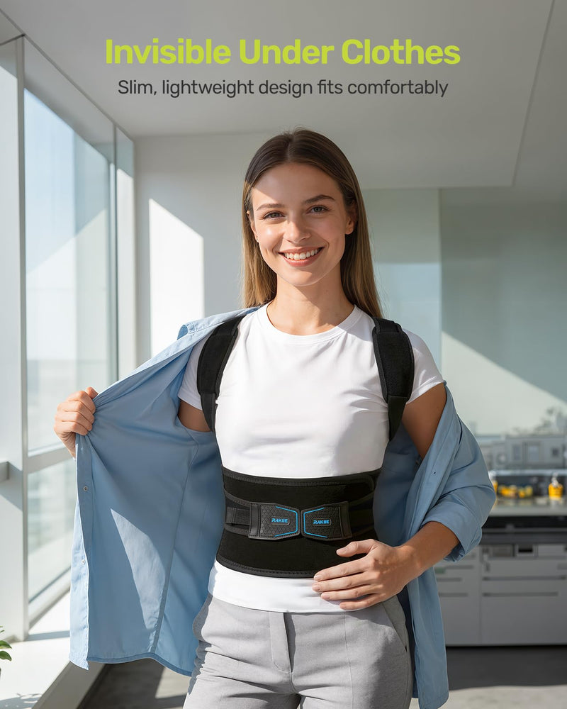 Rakiie Posture Corrector for Women and Men, Upgraded Back Brace with Enhanced Support, Shoulder Straightener with Cushioned Shoulder Pads & Underarm Pain Relief Strap, Blue L
