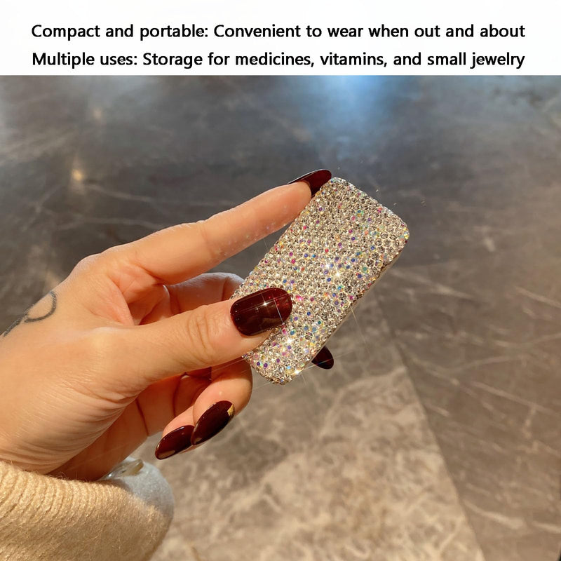 1 Pack Mini Portable Rhinestone Pill Box,Luxury Travel Pill Organizer, 3 Compartment Sealed Leakproof Pill Case for Purse,Pocket Medication Vitamin Holder,Small Jewelry Storage,Gift for Women Silver