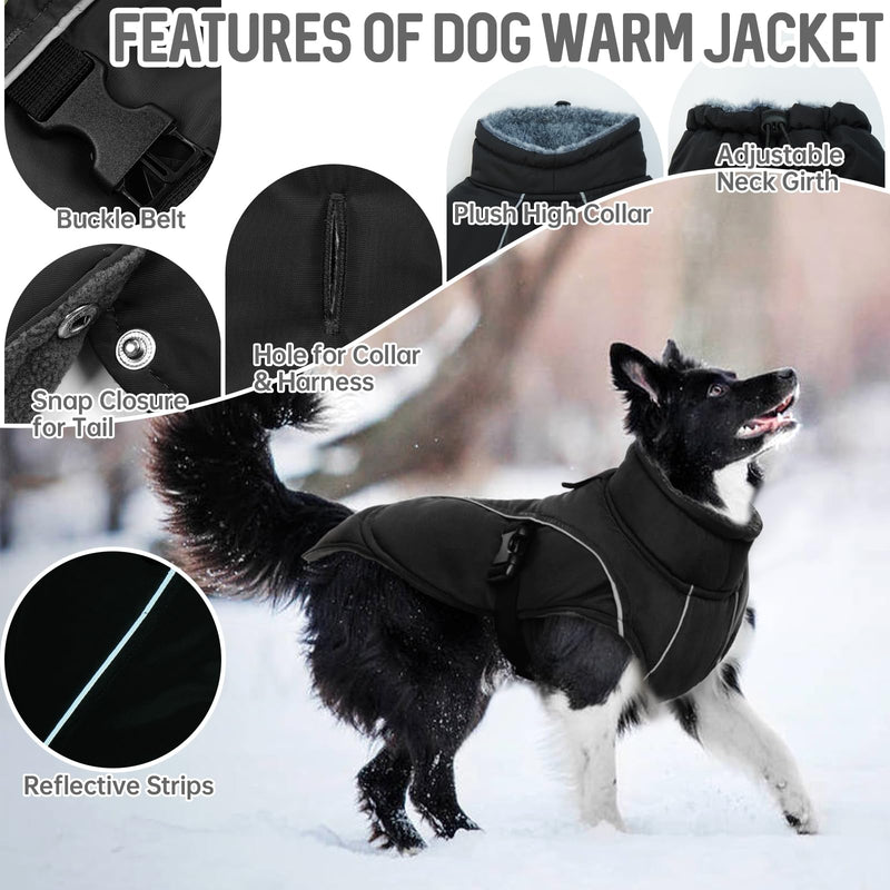 DENTRUN Dog Cold Weather Coats Winter Warm Dog Coat Windproof Cozy Dog Jacket Thick Fleece Vest Water Repellent Apparel with Harness/Leash Hole & Reflective for Outdoor Small Medium Large Dogs XX-Large Black - BeesActive Australia