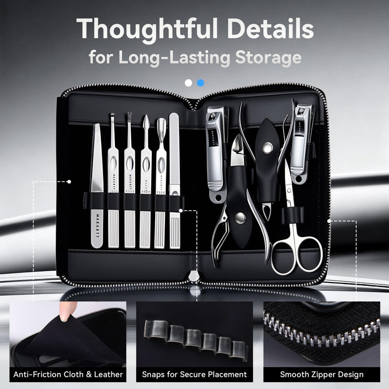 Makartt Manicure Kit: Professional Nail Care Clippers Set - 11 pcs Stainless Steel Tavel Women Men Fingernail Grooming Tool with Portable Black Leather Case - BeesActive Australia