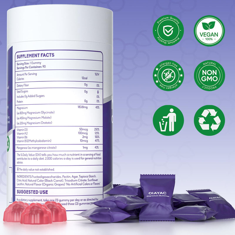 Magnesium Complex Gummies, Individually Packaged Magnesium Supplement, Magnesium Chelate, Bisglycinate, Malate, Citrate, Taurate Chewable for Women & Men,Sleep&Muscle&Nerve Health, Vegan 90 Counts Grape 1 Count (Pack of 90)