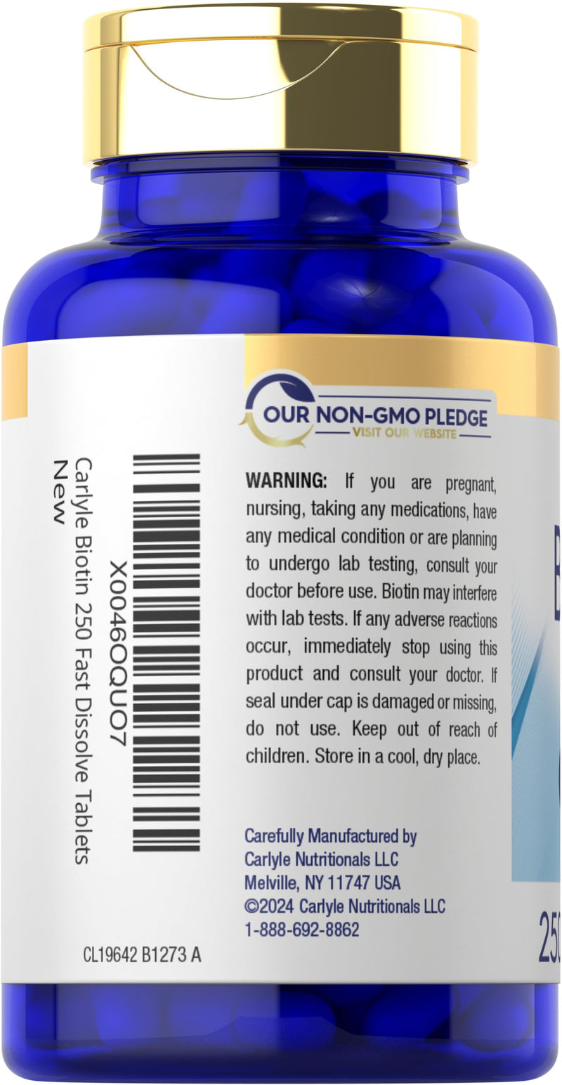 Carlyle Biotin 5000mcg | 250 Fast Dissolve Tablets | for Hair, Skin & Nails | Vegetarian, Non-GMO and Gluten Free Supplement 250 Count (Pack of 1)