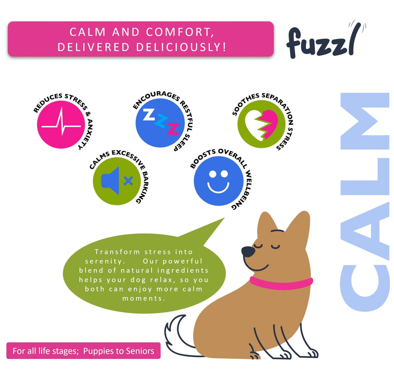 Fuzzl Calming Supplement Treats - Reduce Stress, Fear, Barking, Aggression, Separation and Travel Anxiety - Made in UK Science Backed Vet Approved 30 Treats