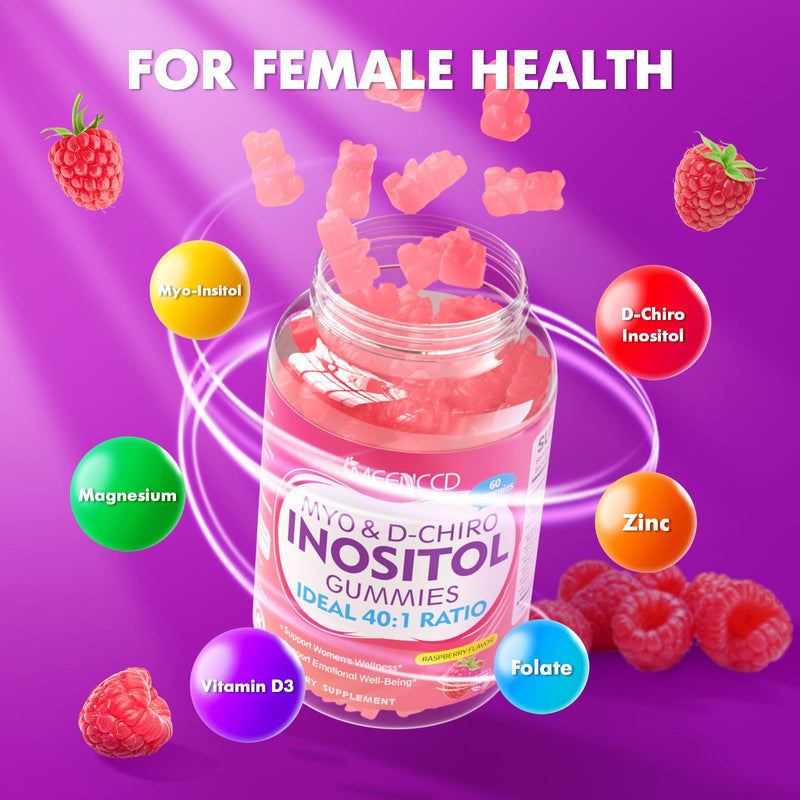 MEENCCD Myo-Inositol & D-Chiro Inositol Gummies, 40:1 Ratio Inositol with Vitamin D3, Magnesium Glycinate, Folate & Zinc, Inositol Supplement for Female Health, Raspberry Flavor, 60 Count 60 Count (Pack of 1)