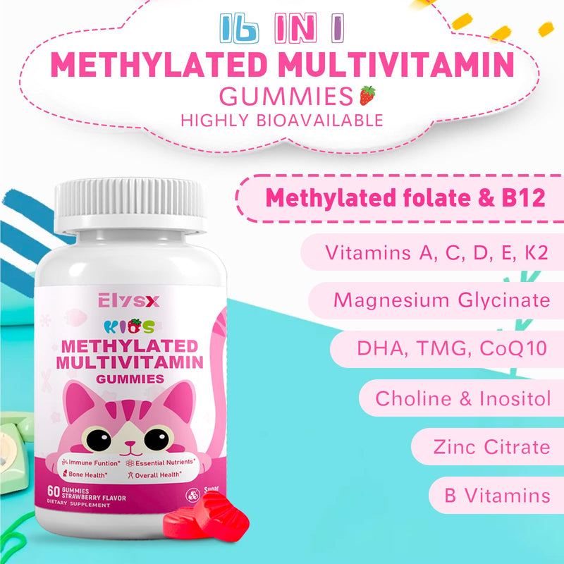 Kids Methylated Multivitamin Chewable Gummies, MTHFR Supplement with L Methylfolate, Magnesium, Biotin, Choline, Inositol, DHA, TMG & Coq 10, Immune & Brain Support, Strawberry Flavor, 60 Ct 60 Count (Pack of 1)