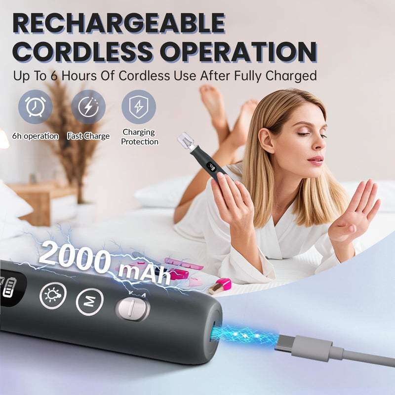 Electric Nail Drill, Cordless 2000 mAh Rechargeable Portable Nail File 12 in 1 Kit for Thick Toenails, 10 Speeds Nail Dril Machine Professional Manicure Pedicure for Hand Natural Nails Care (Grey) Grey - BeesActive Australia