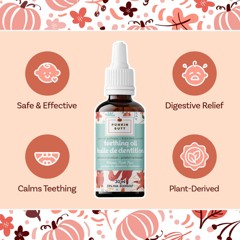 Punkin Butt Teething Oil for Babies, Infused with Chamomilla, Phytolacca & Rheum, Plant-Based Formula, Homeopathic Natural Teething Relief for Babies, 1oz Bottle Original