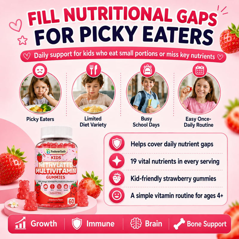 Kids Multivitamin Gummies for Picky Eaters, Methylated Multivitamin for Kids 4+ with Omega 3 DHA EPA, Methylfolate B12, Probiotics, Elderberry, Calcium D3 K2, 0g Sugar, Brain Immune Bone, 60 Ct 60 Count (Pack of 1)