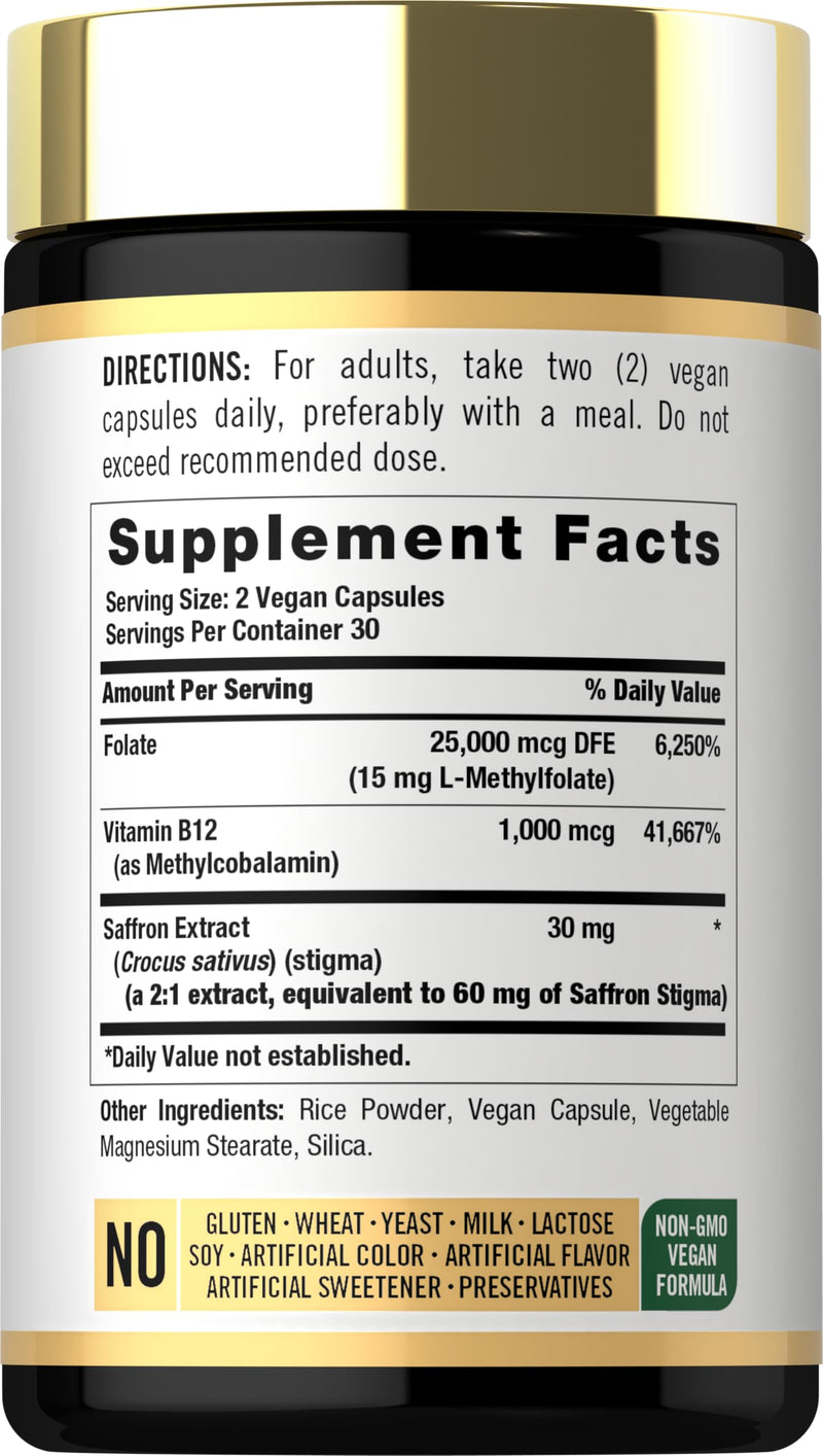 Carlyle L Methylfolate 15mg | 60 Capsules | with Methyl B12 & Saffron | Vegan, Non-GMO, Gluten Free Supplement | by Opti-Folate