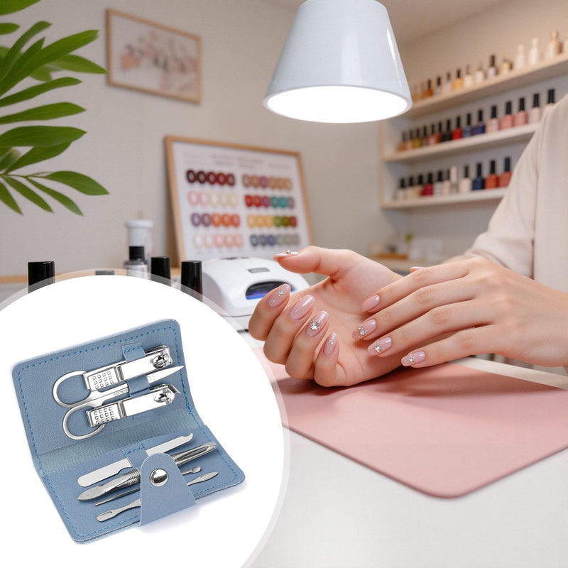 7-in-1 Manicure Kit – 10Piece Travel Nail Kit with Stainless Steel Tools, Ultra-Compact 5x6 cm Pouch for Perfect Nails Anywhere, Ideal Gift for Women, Men, and Travelers (Blue) Blue