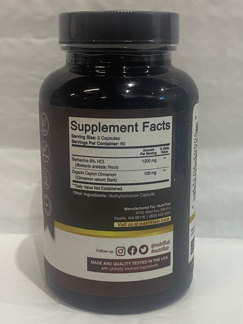 NutriFlair Premium Berberine HCL 1200mg, 120 Capsules - Plus Pure True Ceylon Cinnamon, Berberine HCI Root Supplements Pills - Immune System - yields an Optimal 8% HCl