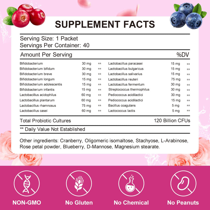 KFG Women's Probiotic Powder, with 100 Billion CFUs, 20 Strains, 3Organic Prebiotics, Cranberry, Digestive Enzymes & D-Mannose, for Boost Immune, Digestive, Gut, Vaginal & Urinary Health, 40 Packets