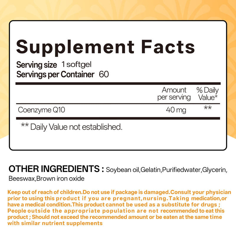 CoQ10 Softgels – Coenzyme Q10 Supplement 40mg, Supports Cellular Energy Production & Healthy Nutrient Absorption for Men & Women, 60 Softgels