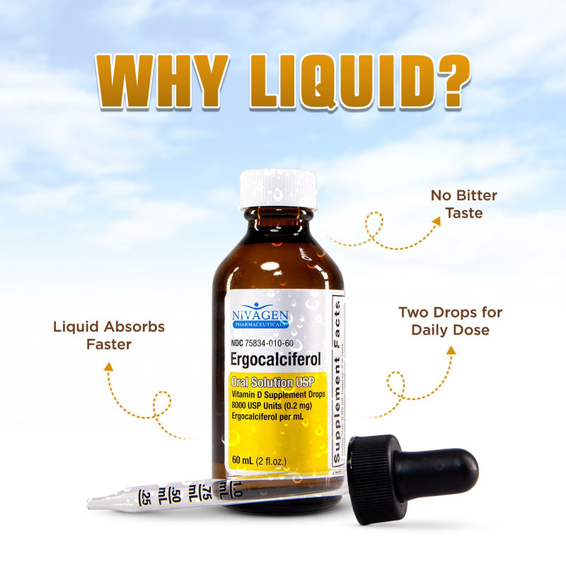 Nivagen Vitamin D2 Liquid Drops 8,000 USP (Ergocalciferol) | 400 IU per Serving | 2 Drops Once Daily | 1,200 Servings, 60ml (2 fl. oz) | Faster Absorption | Bone, Muscle & Immune Support | Made in USA