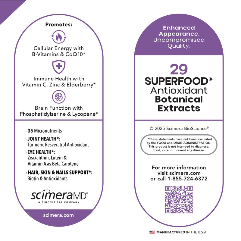ScimeraMD® MultivitaminMD Full-Spectrum Multivitamin Supplement with Minerals, Antioxidants & Superfoods for Metabolism, Joint, Hair, Skin & Nail Support, 60 Capsules