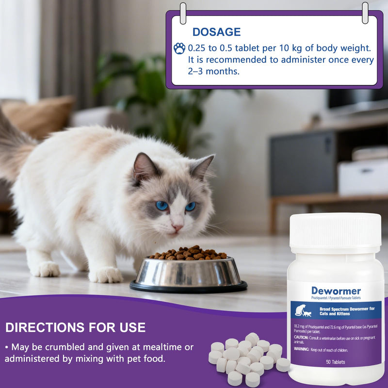 Cats & Kittens Broad-Spectrum Dewormer, for Tapeworms, Hookworms & Roundworms, 50 Tablets