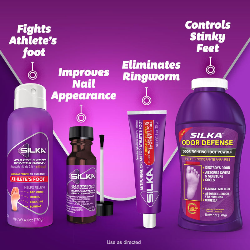 Silka Ultimate Foot Care Kit, Athlete's Foot Spray 4.6 Oz, Ringworm & Jock Itch Cream 1 Oz, Toenail Fungus Treatment 0.45 Fl Oz & Foot Powder 6 Oz, Solution for Athlete’s Foot, Nail Fungus & Foot Odor