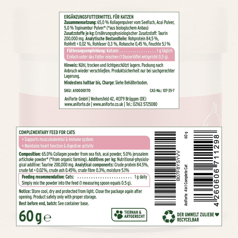 AniForte 4in1 Complete Cat 60 g – Complete Care for Cats, Rich in Antioxidants, Vitamins, Minerals, Powder with Taurine, Collagen for Joints, Nervous System, Immune System, Gastrointestinal Support
