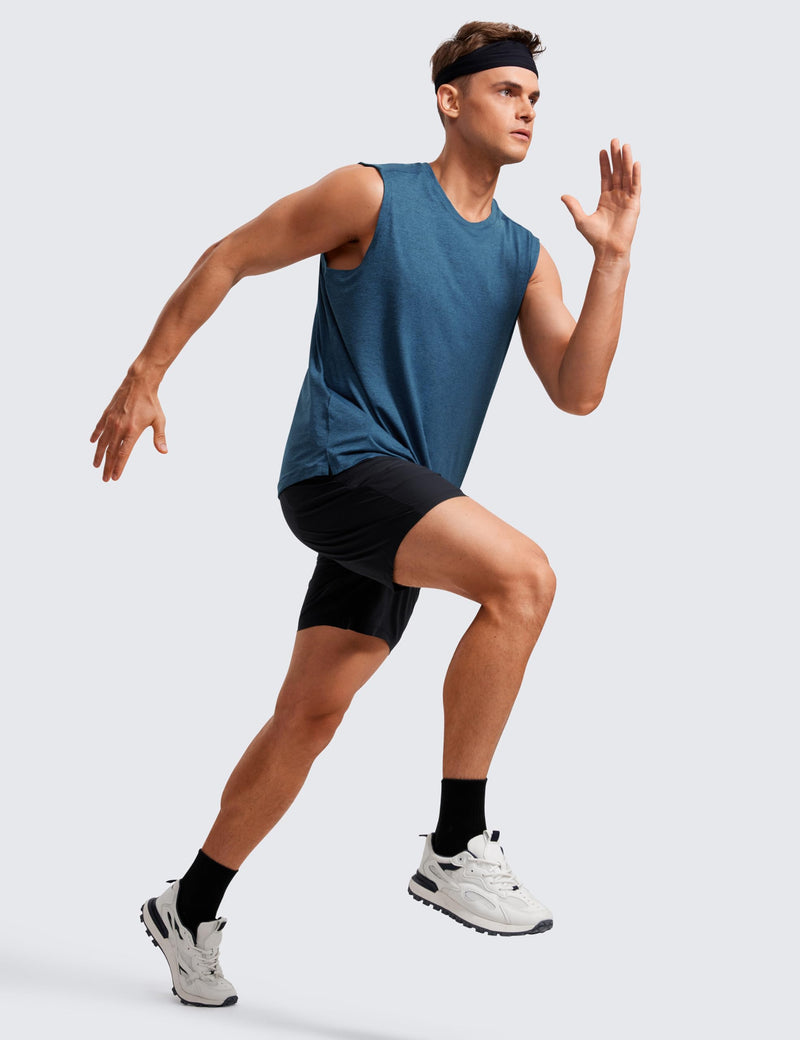 CRZ YOGA Men's Workout Sleeveless Shirt Quick Dry Stretchy Swim T-Shirts Athletic Gym Running Beach Tank Top Medium Night Blue Heather - BeesActive Australia