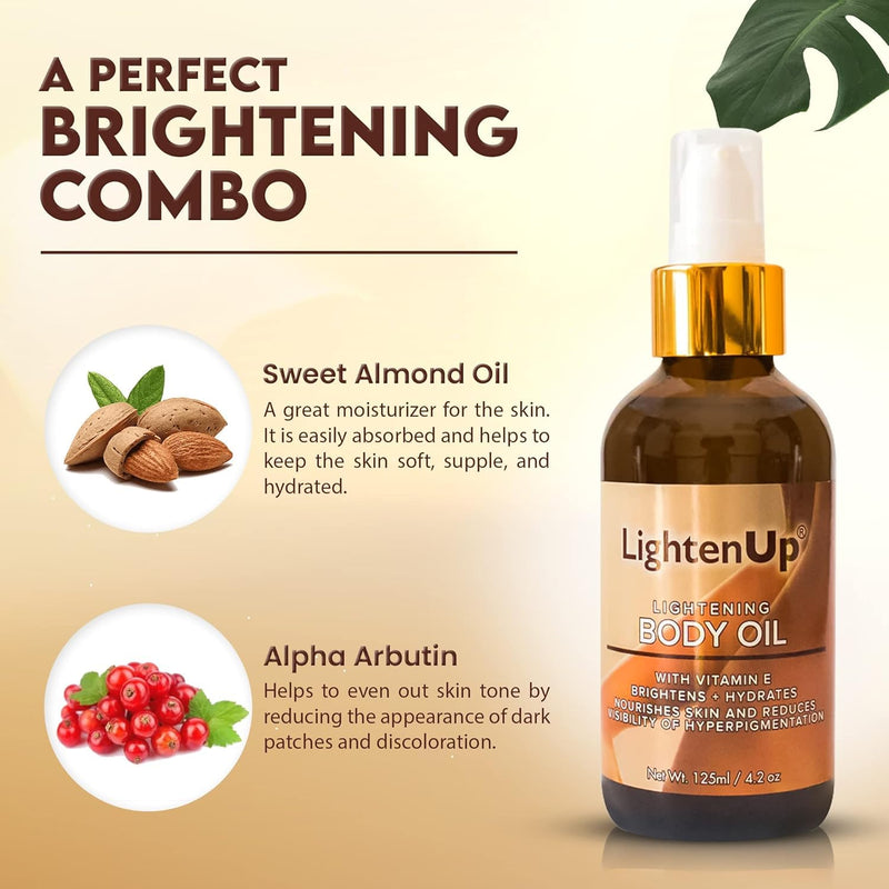 LightenUp, Skin Brightening Body Oil - 4.2 fl oz / 125 ml - Hyperpigmentation Body Seum, Dark Spot Remover, for Men and Women with Vitamin E, Shea Butter, Almond Oil Brightening Oil