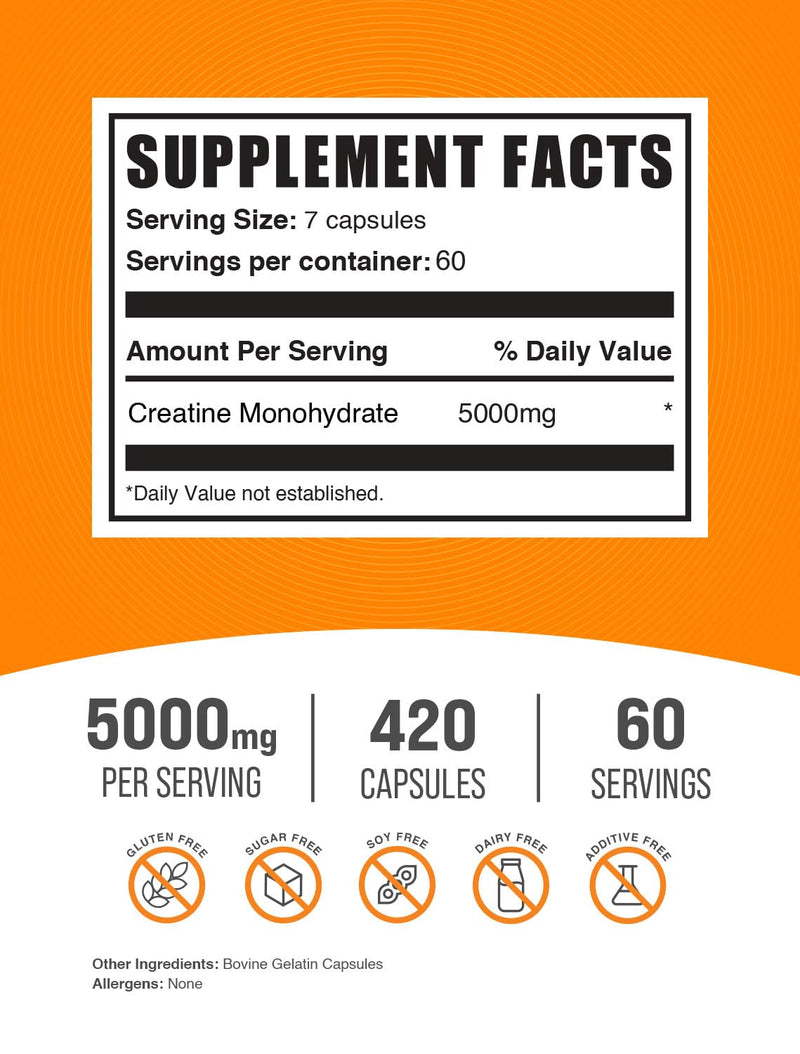 BulkSupplements.com Creatine Monohydrate Capsules - Micronized Creatine Monohydrate, Creatine Pills - 7 Creatine Capsules per Serving, 5000mg, Gluten Free, 420 Capsules (Pack of 1) 420 Count (Pack of 1) - BeesActive Australia