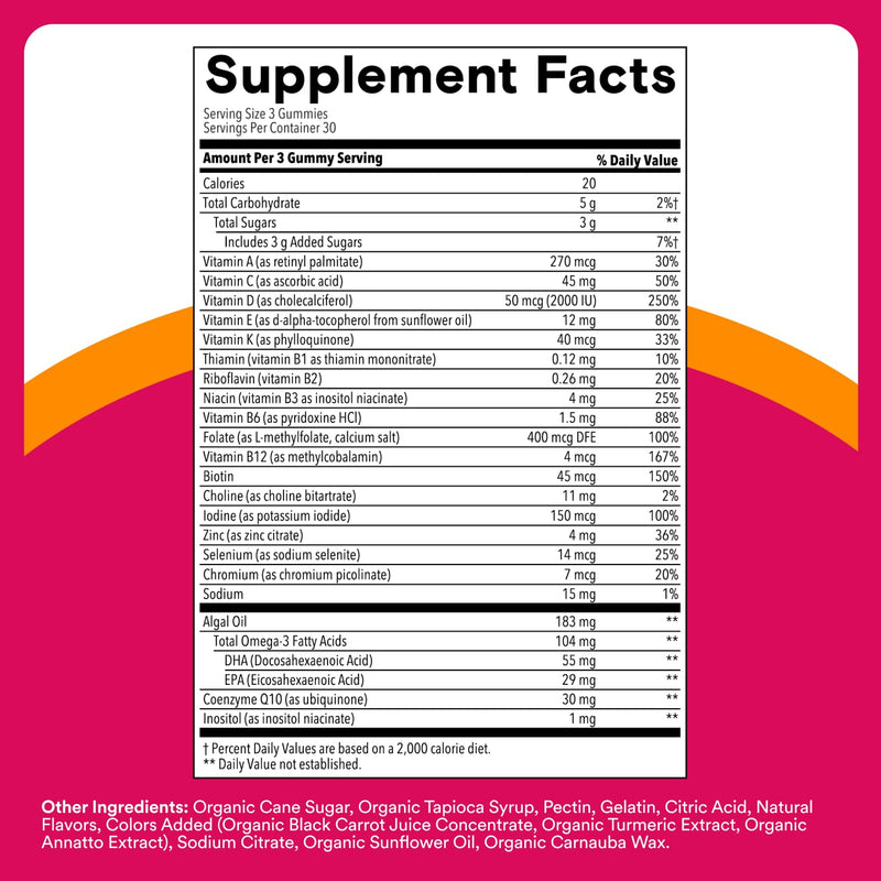 SmartyPants Women's Multivitamin Gummies - Improved Formula: Omega 3 (DHA/EPA), Methylfolate, CoQ10, Vitamin D3, C, Vitamin B12, B6, A, K & Zinc, Inositol, Gluten Free, 90 Count (30 Day Supply) New Formula 90 Count (Pack of 1)