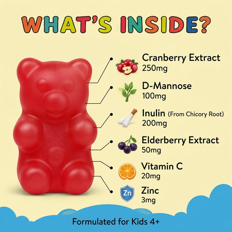 D-Mannose with Cranberry Gummies for Kids, Urinary Tract Health Support | Sugar Free D-Mannose Cranberry Supplement with Inulin, Elderberry, Vitamin C & Zinc for Gut and Daily Wellness Support