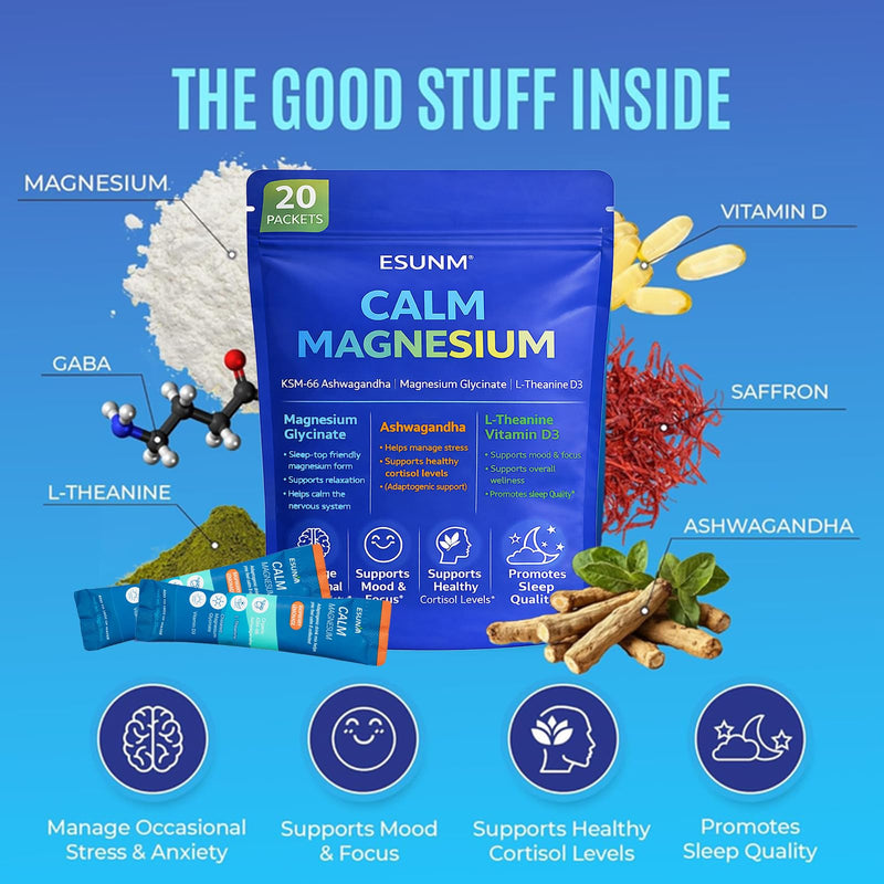 ESUNM Calm Magnesium Drink Mix Packets, Magnesium Glycinate with KSM-66 Ashwagandha, L-Theanine, GABA, Saffron & Vitamin D3, Relaxation, Mood & Sleep Support, Raspberry Lemonade, 20 Stick Packs