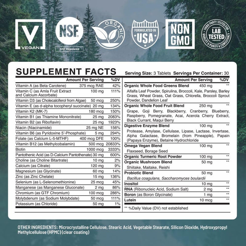 Abundant Earth Whole Food Multivitamin for Women, Daily Multi Vitamins Supplements for Men/Mens Multivitamins + B Complex, Probiotic Multi Enzyme, Omegas for Organic Energy, Mood, Digestion 90ct 1 Count (Pack of 1)