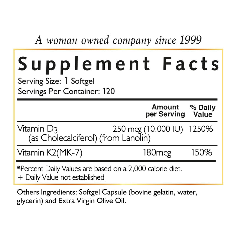 Coco March Vitamin D3+K2 10,000 IU - 4 Month Supply HIGH POTENCY - Immune & Joint Health Gluten Free, GMO Free, Dairy Free, Keto Friendly, Paleo Friendly, 250 mcg of D3-180 mcg of Vitamin K2 - BeesActive Australia