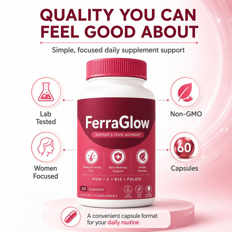FerraGlow Iron Support Capsules for Women, 60 Count | Iron Bisglycinate, Lactoferrin, Vitamin C B12, Gentle Absorption Formula, Daily Wellness Hair Energy Support