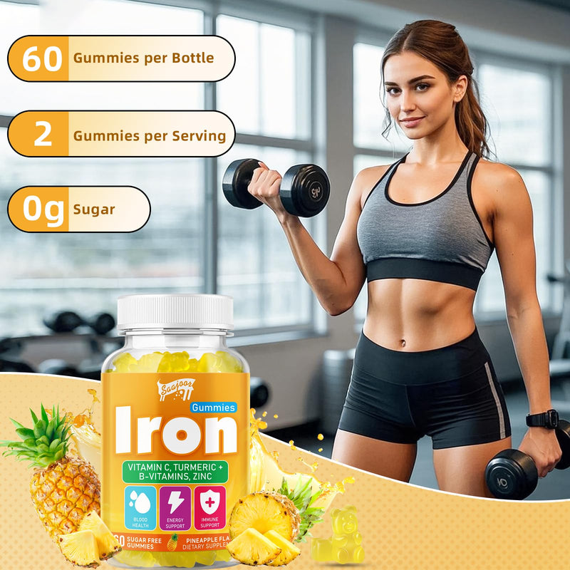 2 Pack Iron Gummies with Multivitamin for Adults & Kids – Packed with Vitamin B6, B12, C, Zinc, and Folate – for Blood Health & Energy Boost – Pineapple Flavor, Vegan-Friendly, 120 Gummies 2pack