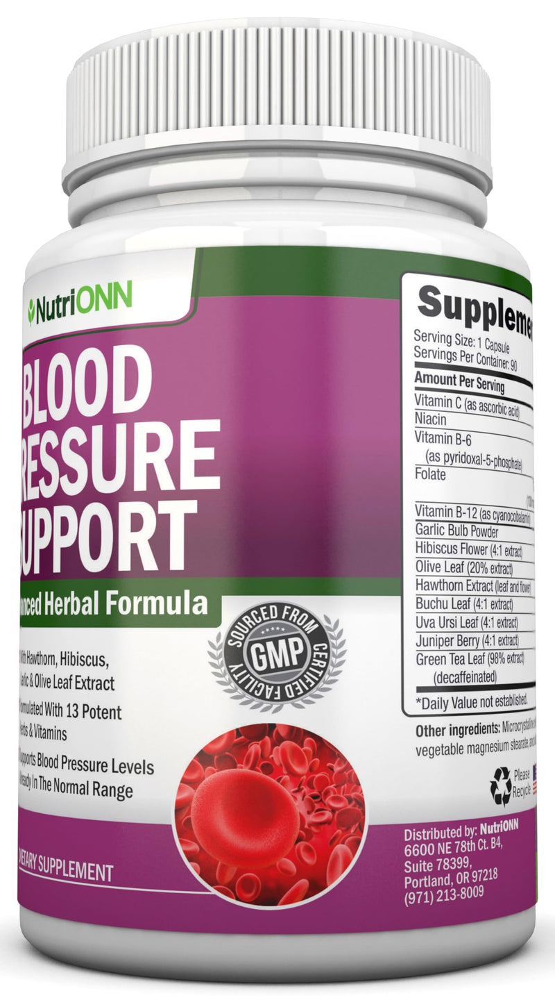Blood Pressure Support Supplement - 13 Herbs & Vitamins - with Hawthorn, Hibiscus, Garlic & Olive Leaf Extract - Natural Supplement for Women & Men - High Strength Capsules - Non-GMO - 90 Day Supply
