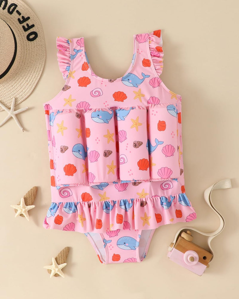 FishingDino Toddler Floatation Swimsuit Girls 1-6T, One Piece Float Suit with Built-in Float, Cute Floating Swim Suit Floatie Pink Whale 4-5T
