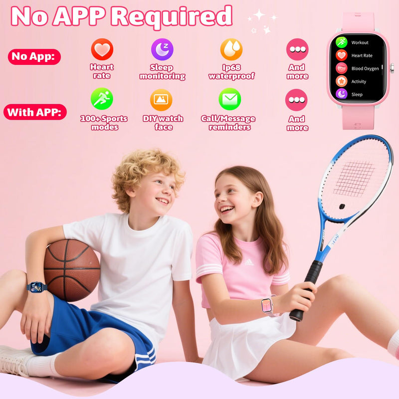 Smart Watch for Kids Girls Boys No APP/Phone Needed, 1.8" IP68 Waterproof Sport Kids Watch Pedometer, Heart Rate, Sleep Monitor, Step Counter, 12 Puzzle Games for Girls Boys Teens 6-16 Pink - BeesActive Australia