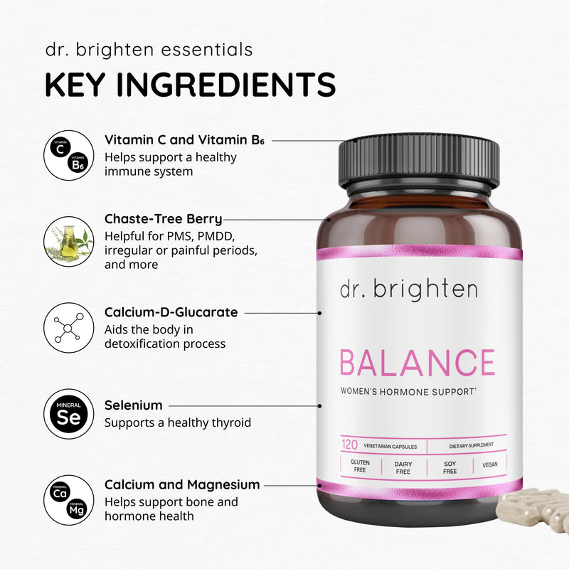 Dr. Brighten Balance - Hormone Balance for Women with Chasteberry and DIM - Targets Hormonal Acne, Period Issues, & PMS - Vegan, Non-GMO 120 Count (Pack of 1)