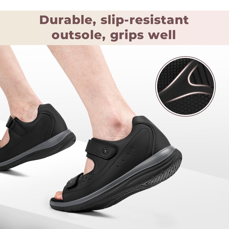 FitVille Diabetic Sandals for Women Wide Width, Open Toe Orthopedic Wide Sandals for Women with Adjustable Straps and Arch Support for Bunions, Plantar Fasciitis, Swollen Feet Black 8.5 Wide