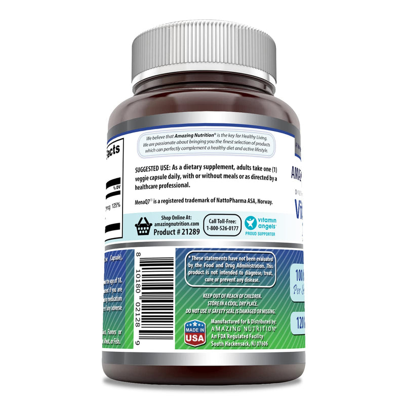 Amazing Formulas Vitamin K2 Menaq7 MK7 Supplement | 100 Mcg | Veggie Capsules | Non-GMO | Gluten Free | Made in USA (1 Pack, 120 Count) 1 Count (Pack of 1) - BeesActive Australia