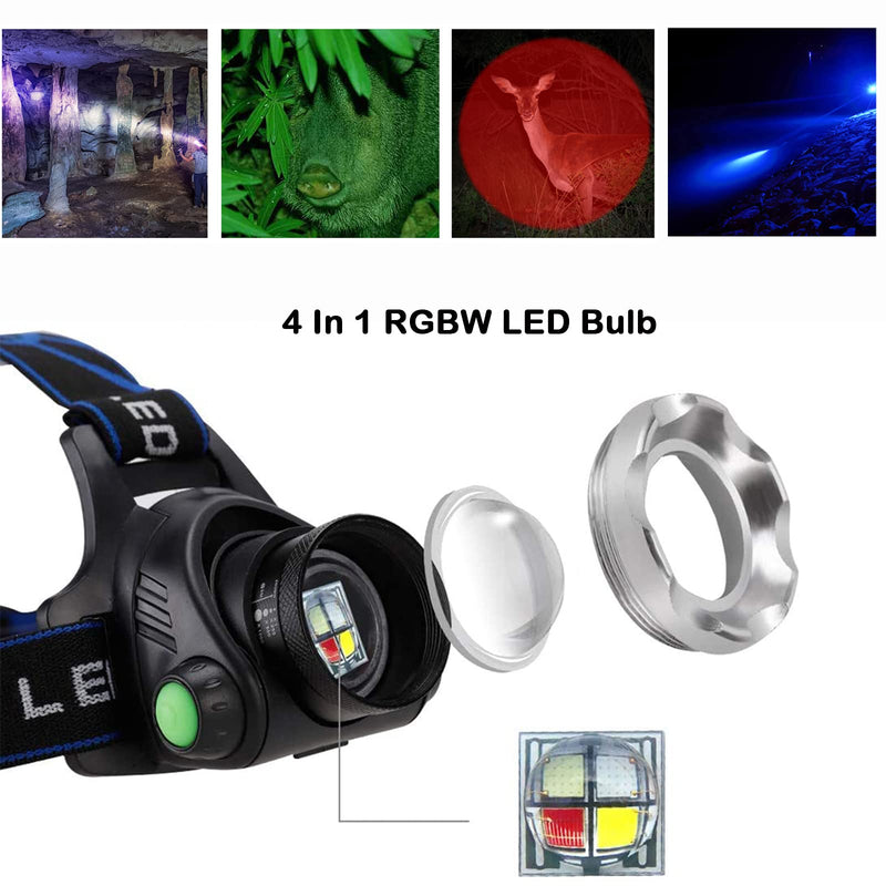 Multicolor Headlamp Flashlight 1000 Lumen Waterproof Zoomable Led Headlight with White Red Green Blue Light