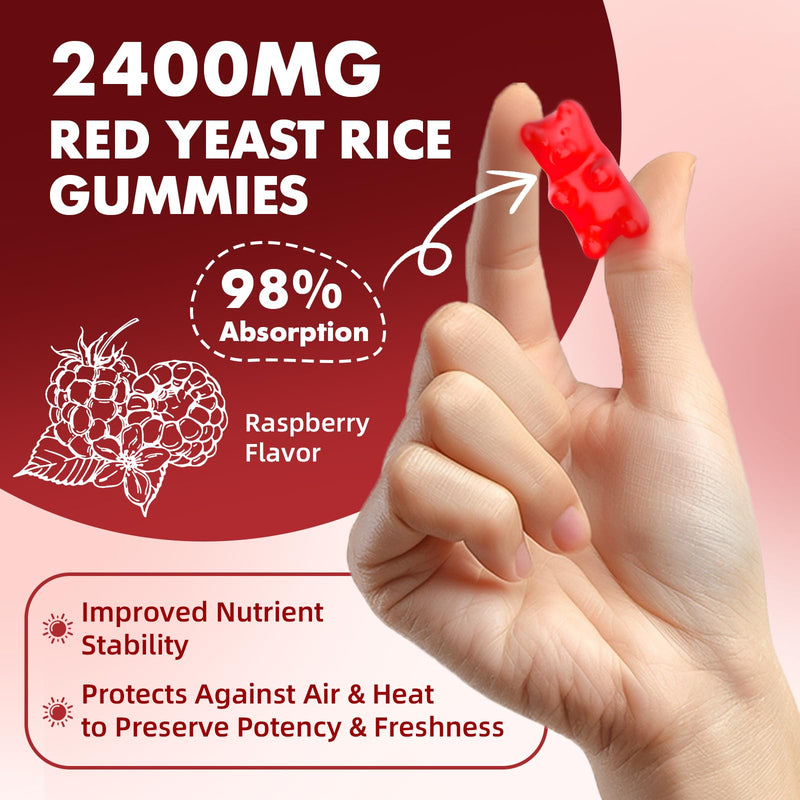 2 Pack Red Yeast Rice with Coq10 Gummies, Red Yeast Rice Supplement, Sugar Free, Raspberry Flavor, 120 Count - BeesActive Australia