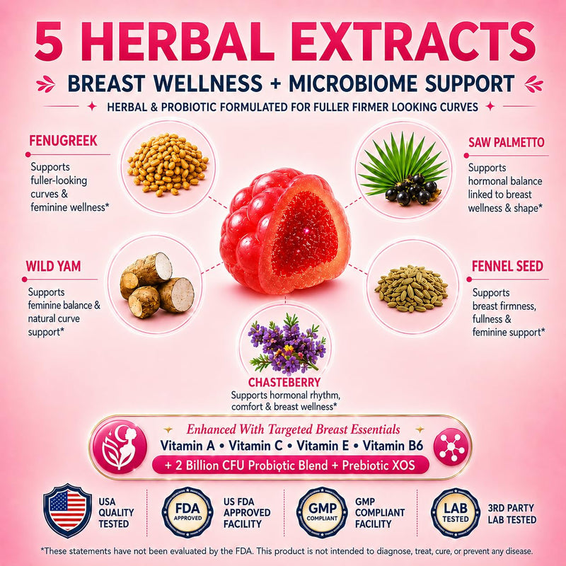 Bloom10 Breast Gummies for Women Bust Support & Health MAX Formula PLUS 2x Billion Probiotics 5x Herbal Supplements Fenugreek, Saw Palm, Wild Yam, 4x Vitamins for BBL Curves | Sugar-Free Vegan 120ct 60 Count (Pack of 2)