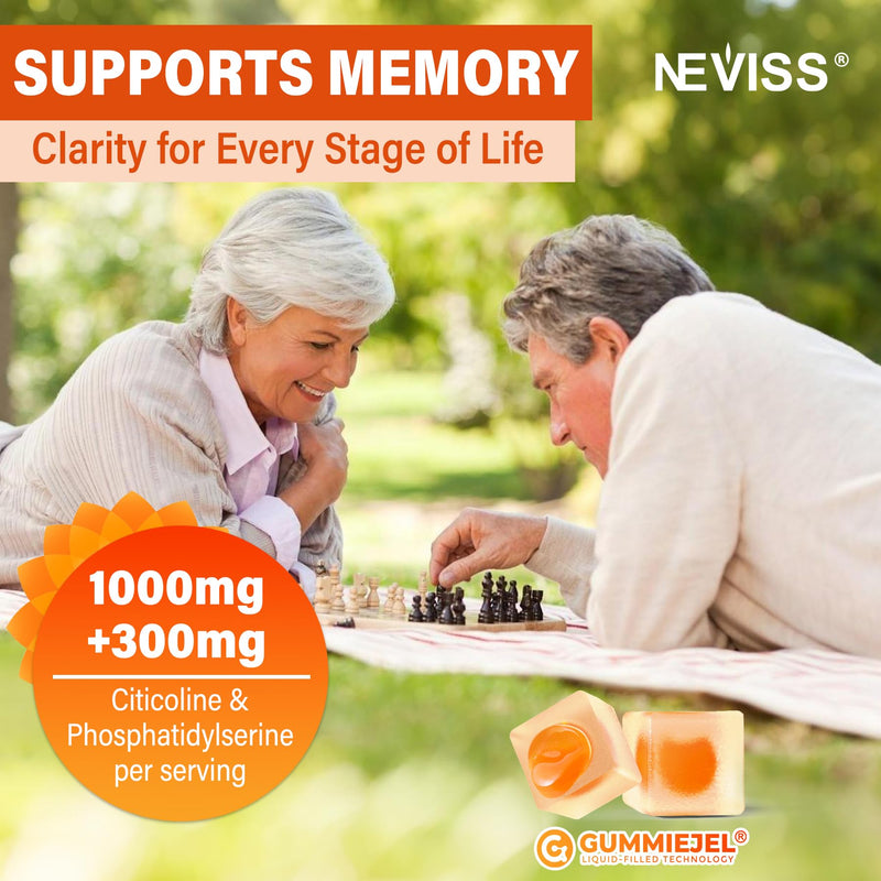 NEVISS Citicoline 1000mg & Phosphatidylserine 300mg, CDP Choline Gummies | Brain Supplement for Memory and Focus w/ Lion's Mane Mushroom, Omega-3, Methylfolate, B6 B12,Non-GMO Soy Free,Sugar Free,60Ct