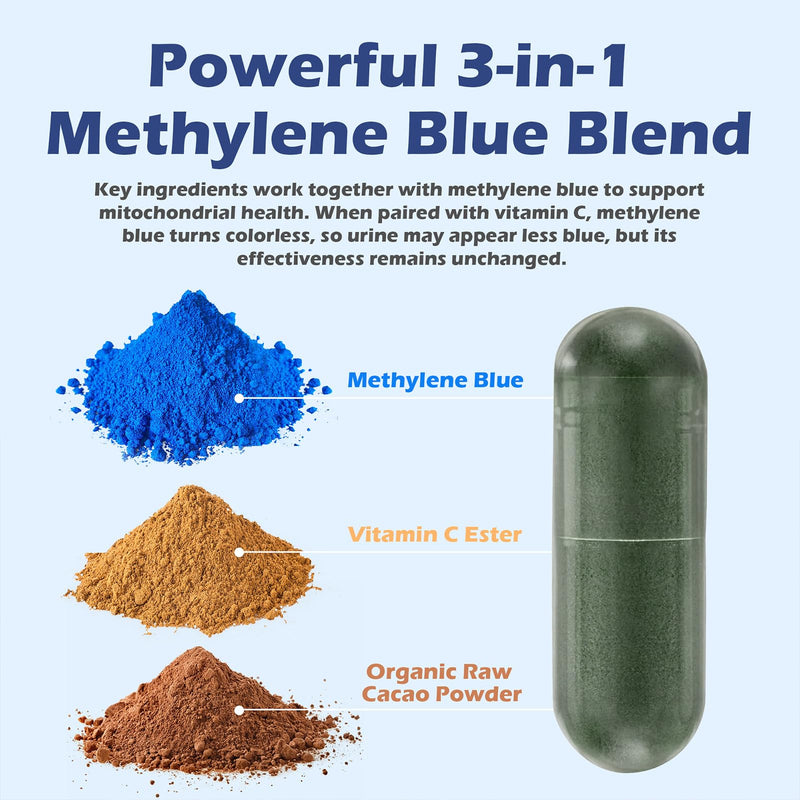 Methylene Blue Capsules - Pharmaceutical Grade Blue Methylene 15mg, with Vitamin C Ester, Daily Wellness & Cellular Support, 60 Capsules