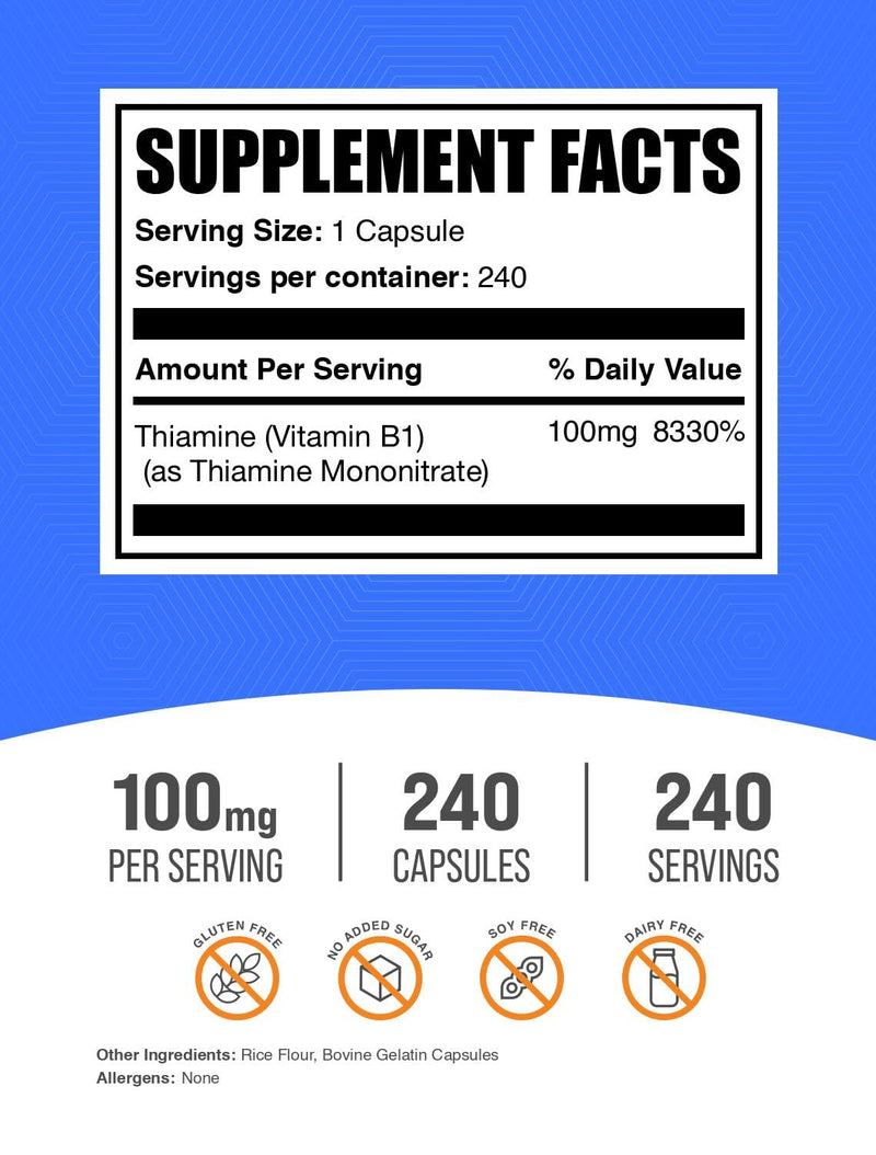 BulkSupplements.com Thiamine Mononitrate Capsules - as Vitamin B1, Thiamine B1 Supplement, Thiamine 100mg - Gluten Free, 1 Capsule per Serving, 240 Capsules (Pack of 1) 240 Capsules (Pack of 1)
