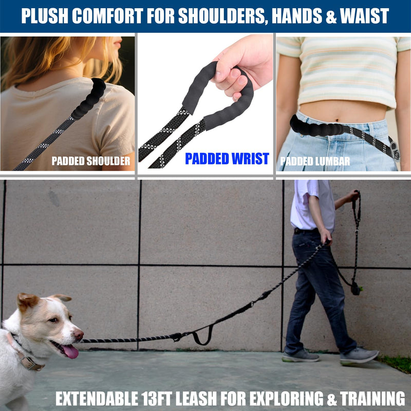 Hands Free Dog Leash Crossbody & Waist for Dog Walking, 13 ft 9-in-1 No Pull Heavy Duty Bungee Slip Lead Leash with 3 Padded Handles, Reflective & Tangle-Free for Large & Medium Dogs Black