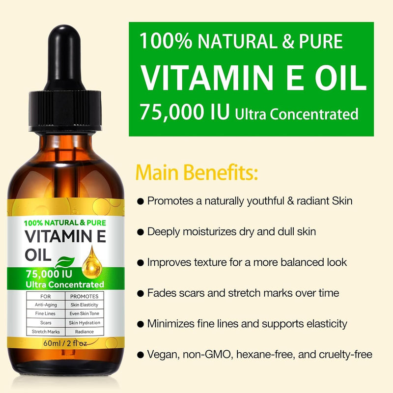 Vitamin E Oil 75,000 IU - 100% Natural and Pure Vitamin E Oil for for Plump Skin, Reduce Fine Lines & Scars, Moisturizing Skin, for Skin, Scars, Face & Full Body-2 Fl Oz