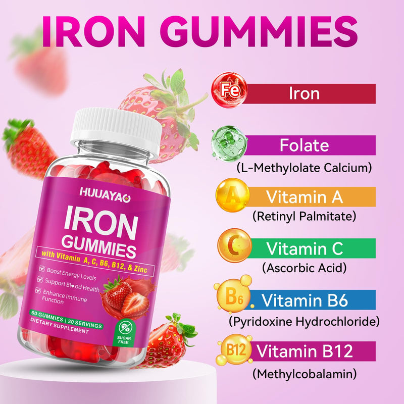 Iron Supplement Gummies for Women & Men, Vegan Iron Gummies with Vitamin C, A, B-Complex, Folate, Zinc for Blood Building & Energy Support, Strawberry Flavor, 120 Count 120 Count (Pack of 1)