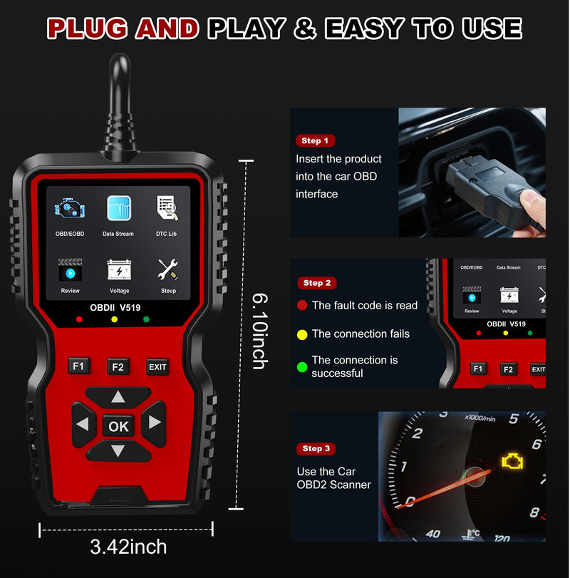V519 OBD2 Diagnostic Scanner Tool - Vechicle Check Engine Light Code Reader with Battery Voltage Tester, I/M Readiness, Reset, and Code Eraser for All OBDII Car Since 1996 Red - BeesActive Australia